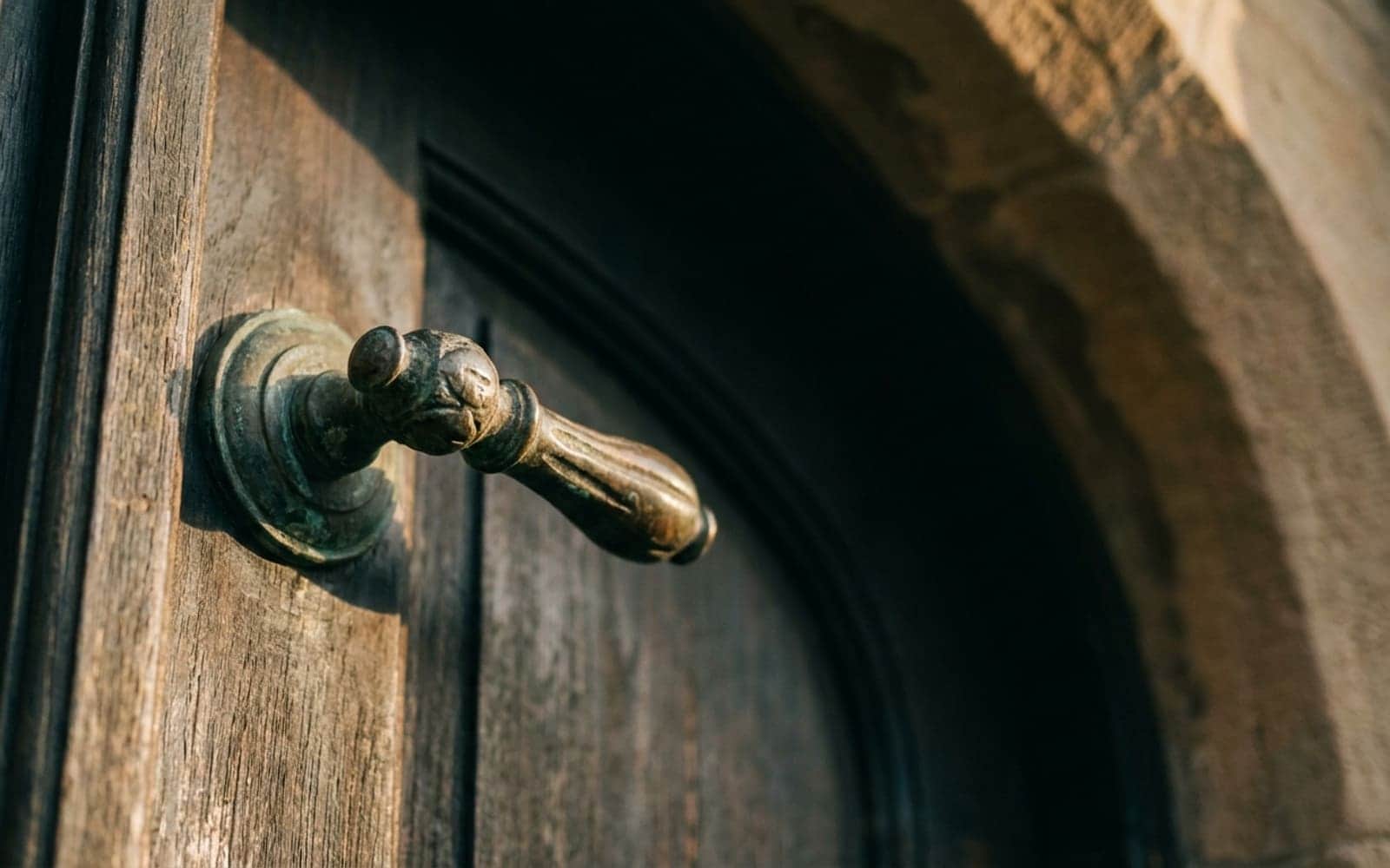 Macro close up of a patinated bronze door handle on a heavy teak door, the arched top edge of a sandstone doorway just visible upper right, warm dawn light catching the metal.
