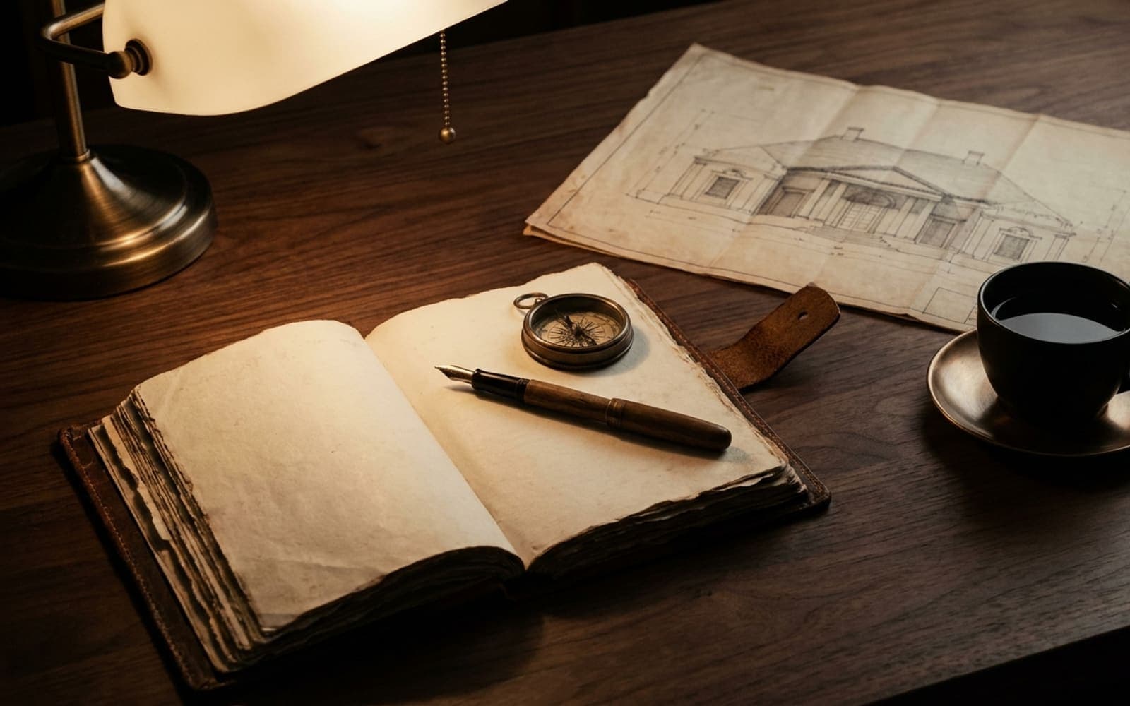 Still life on a dark walnut desk: an open leather bound ledger with a fountain pen across the page, an antique bronze compass, a folded architectural drawing, and a black tea cup on a bronze saucer under warm reading lamp light from upper left.