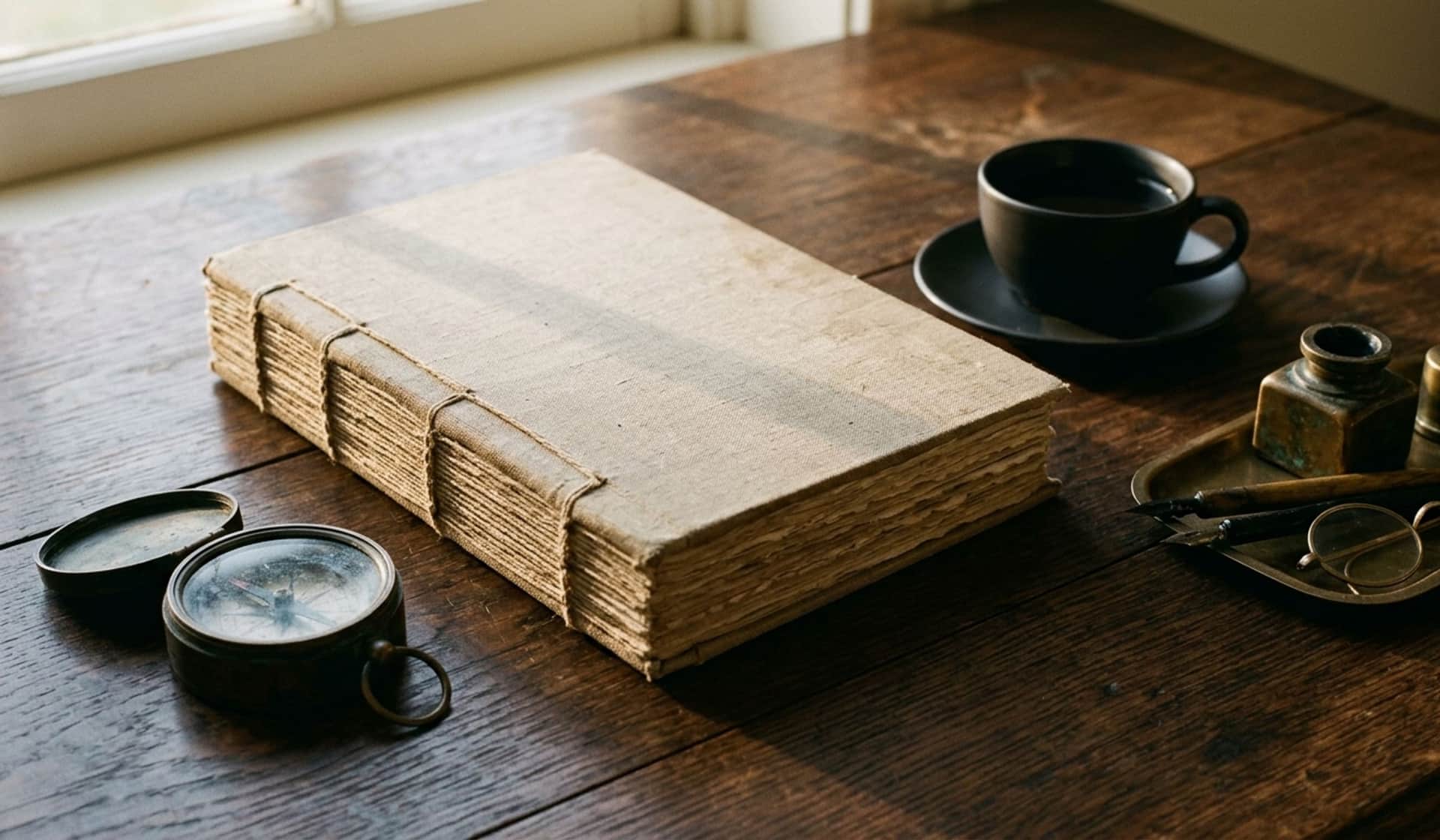 Hand tied linen ledger on a walnut desk in a Circuit House office, an antique bronze compass beside it, a single black tea cup on a saucer, warm dawn light from a window off frame casting a long shadow.