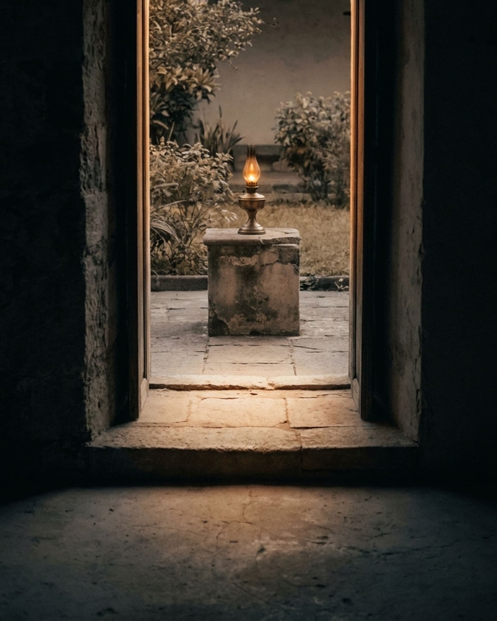 View from inside a dim colonial room looking outward through a warm lit arched doorway to a courtyard at dusk, a single bronze oil lamp burning on a low stone plinth beyond the threshold.